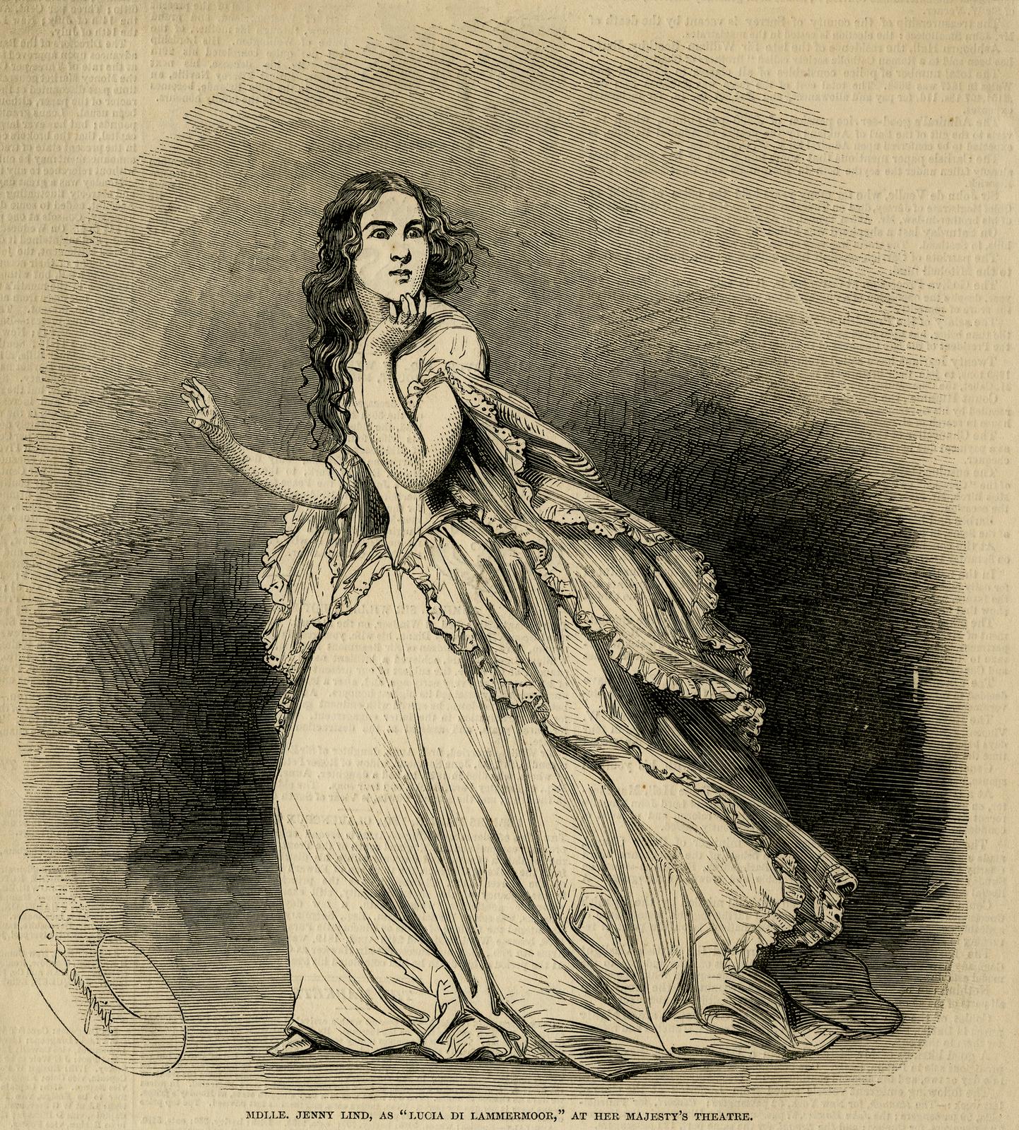 Mdlle. Jenny Lind as Lucia di Lammermoor at Her Majestys Theatre. BM 19011022.1647